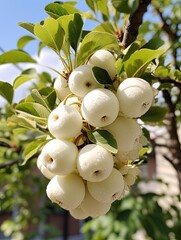 Juicy white apples adorned with dewdrops glisten on a tree in the garden. Perfect for showcasing natural beauty and healthy produce, Generative AI.