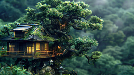 Fantasy japanese tree house in a bonsai tree peaceful