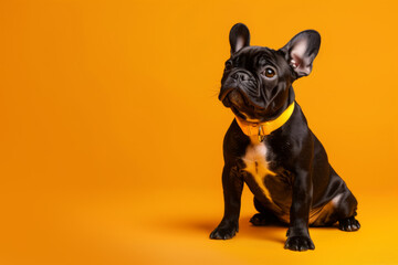 Black French bulldog in a yellow collar, studio shooting on a yellow background