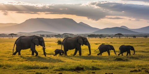 An elephant family journeying across the savanna, the fading sunlight casting long shadows, with...