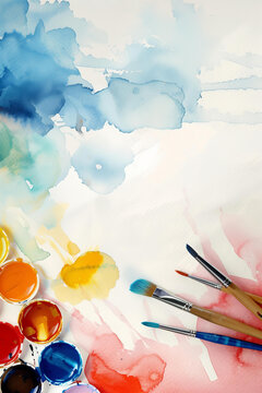 Colorful watercolor background with paintbrush and colorpots on white paper, copy space for text. Artistic creative design template. Watercolour painting. Color splashes, brush strokes. Flat lay	