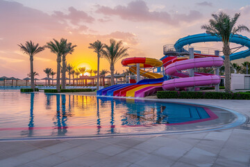 Bright colored aqua park at a tropical summer resort during sunset. Water activities.