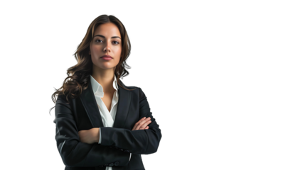 young woman in a black suit and white shirt, arms folded, radiating confidence. transparent background