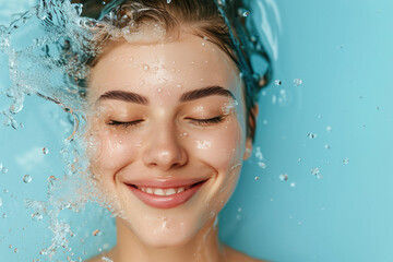 healthy moisturized face skin. skincare and hydration concept. smiling woman with eyes closed and water splash around the face on light blue background - 787003751