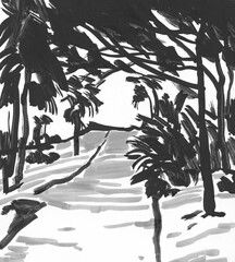 Hand drawn black and white landscape. Versatile artistic image for creative design projects: posters, banners, cards, magazines, prints, covers, brochures, wallpapers. Artist-made art.