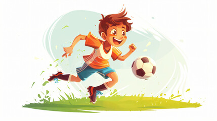 Football or soccer player boy running fast and kicking a ball 