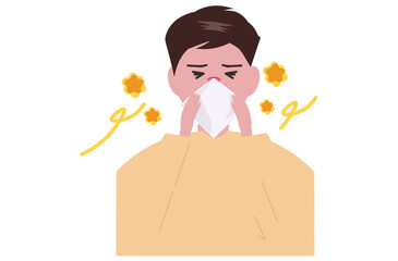 黄砂でアレルギーに苦しむ男性。花粉症で鼻をかむ人物。ベクターイラスト