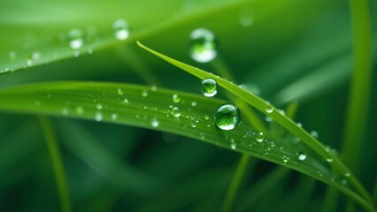 Wet green grass blades covered in fresh rain dew water drops macro close-up illustration. Realistic detailed nature eco background wallpaper header design concept with blur bokeh effect.