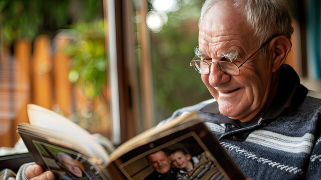 An elderly man smiles and looks at a photo album with old photos