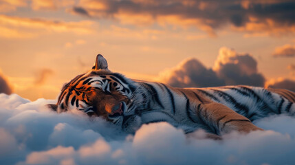 Fototapeta na wymiar Illustration of a tiger sleeping soundly on a cloud at sunrise