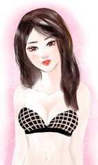 白いもち肌とロングの黒髪が美しいナイスバディな20代女性のイラストとピンク背景