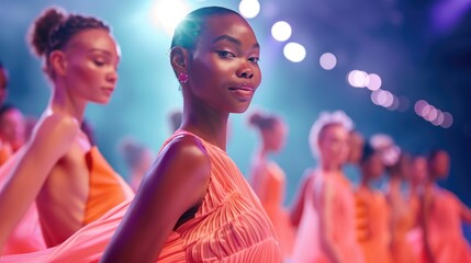Elegant Fashion Show with Models in Vibrant Orange Dresses