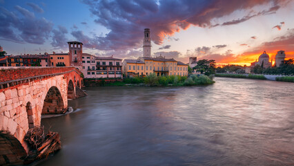 Verona, Italy. Cityscape image of beautiful Italian town Verona with the Stone Bridge over Adige River at sunset. - 787005303