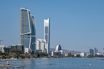 View of Limassol beach and the frontline of buildings and skyscrapers along the promenade park and coast, Limassol, Cyprus