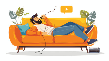 Man lying relaxing on the sofa and listen music and dr - obrazy, fototapety, plakaty