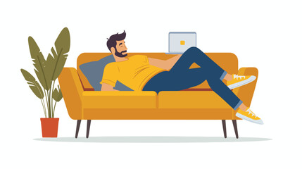 Man lying relaxing on the sofa couch and using laptop.