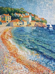 Obraz premium This image features a vibrant, textured painting of a charming seaside village with sailboats, houses, and a clear blue sea, highlighting the beauty of coastal life