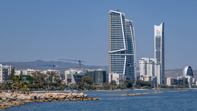 View of Limassol beach and the frontline of buildings and skyscrapers along the promenade park and coast, Limassol, Cyprus