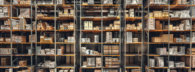 Rows of boxes arranged on shelves in a warehouse, creating a geometric pattern within the pallet rack network