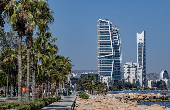 View of Limassol beach and the frontline of buildings and skyscrapers along the promenade park and coast, Limassol, Cyprus