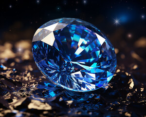Close-up of a sapphire reflecting a starry night sky within its facets, rendered against a cosmic allure background, highlighting the sapphire's ability to mirror the beauty of the night