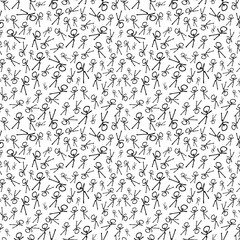 Hand-drawn stick figures dropping randomly over a white background seamless pattern. Simple monochrome surface art for printing on different materials or use in graphic design projects.