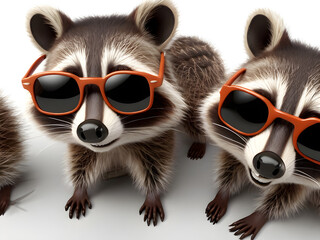 Fototapeta premium 3d Illustration of a Portrait of a funny raccoons in sunglasses showing a gesture, isolated on a white background