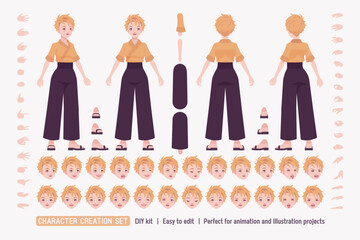 Young woman in japanese style kimono wear, attractive girl DIY cute character creation set. Female body figure parts. Head, leg, hand gesture, different emotions, construction kit. Vector illustration