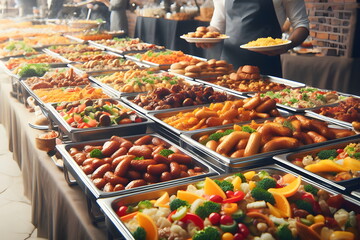 several trays of food are lined up on a buffet table, closeup at the food, overflowing feast buffet table, delicious food - obrazy, fototapety, plakaty