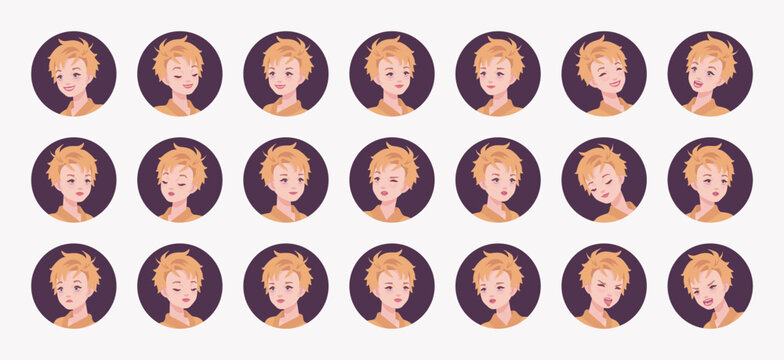 Young short spiky haircut blonde woman, cute female avatar nice portrait set, appearance bundle. Different feelings, face emotion icons, player character mood, user pic circles. Vector illustration