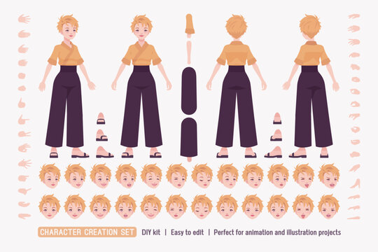 Young woman in japanese style kimono wear, attractive girl DIY cute character creation set. Female body figure parts. Head, leg, hand gesture, different emotions, construction kit. Vector illustration