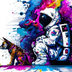an astronaut with his dog sitting in the snow, colorful splattered background