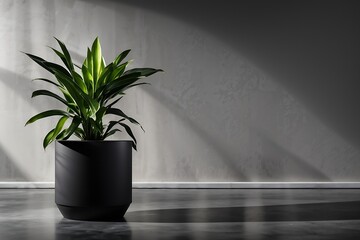black wall background plant in a pot on a concrete floor