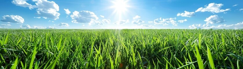 Obraz premium Bright sunshine on a clear day, blue sky, vibrant green grass, energizing mood