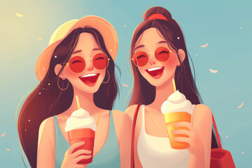 Two illustrated women enjoying ice cream in a sunny setting, wearing summer hats and sunglasses.