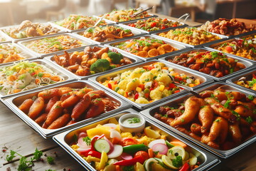 several trays of food are lined up on a buffet table, closeup at the food, overflowing feast buffet table, delicious food