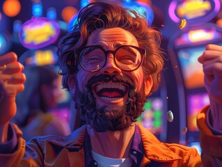 Cartoon bearded casino enthusiast surrounded by slot machine lights, jackpot victory pose