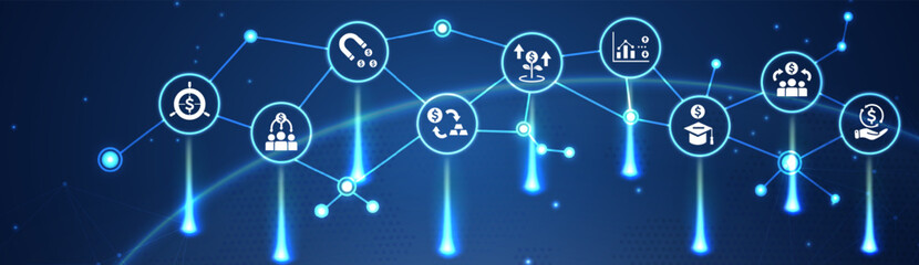 Investment icon set. Containing investor, mutual fund, asset, risk management, economy, financial gain, interest and stock icons. 