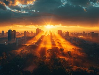 Filtered sunlight illuminates the urban skyline under dynamic morning clouds