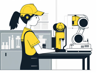 An illustration of a woman working with robotic equipment in a modern laboratory setting.