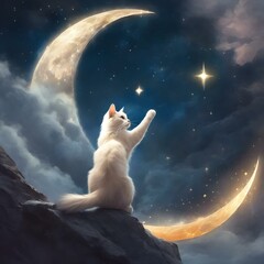 Obraz na płótnie Canvas AI generated illustration of a white cat reaching for stars on mountain top