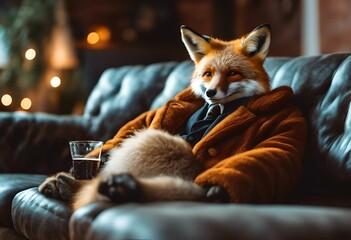 AI generated illustration of a fox quenching its thirst on a leather sofa - obrazy, fototapety, plakaty