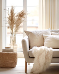 Close up of wicker side table near white sofa with fur throw against french window. Scandinavian interior design of modern living room, home. - 787007993