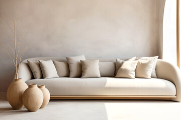 Curved sofa with many pillows and wooden vase with branch against beige stucco wall with copy space. Boho, minimalist interior design of modern living room, home. - 787007998