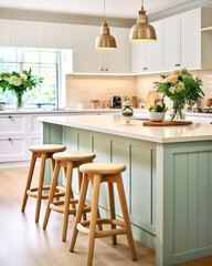 Modern cottage interior design of kitchen with island and stools. Farmhouse kitchen green and white cabinets. - 787008105