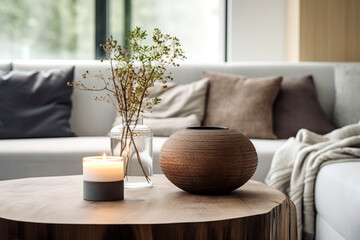 Close up of round wooden coffee table and vase on it near sofa against window. Minimalist interior design of modern living room, home. - 787008108