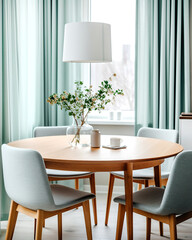 Round wooden table and fabric chairs against window dressed with turquoise curtains. Scandinavian home interior design of modern dining room. - 787008128