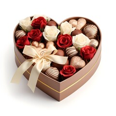  A transparent design featuring a heart-shaped box filled with chocolates and roses, rendered as vector art.