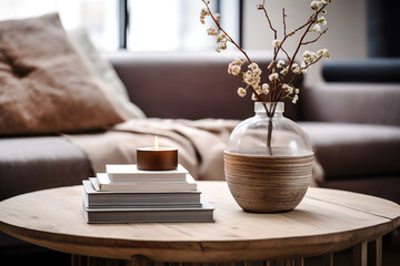 Close up of round wooden coffee table and vase on it near sofa against window. Minimalist interior design of modern living room, home. - 787008186