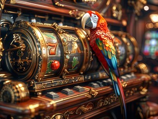 3D render of a piratethemed slot machine with a treasure chest and parrot symbols, placed in a themed casino section